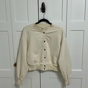 Aerie Cream Bomber Sweatshirt Snap Button Jacket Size S